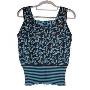 Vintage Oleana Norway Wool Silk Sweater Vest Floral Stripe Blue Brown M